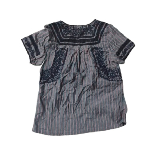 Dylan Anthropologie Striped Embroidered Notched Neckline Short Sleeve Top Sz S - Picture 2 of 4